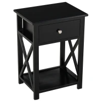 HOMCOM Farmhouse Side Table, End Table with Storage Drawer, Open Shelf and X-Frame, Bedside Table for Living Room, Black(m-11)