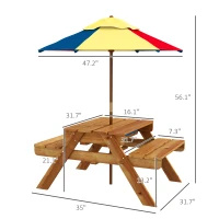 Outsunny Sensory Table 3 in 1 Toddler Water and Sand Table w/ Foldable Umbrella 2 Play Boxes Removable Top, 3-6 Years Old, Teak(m-3)