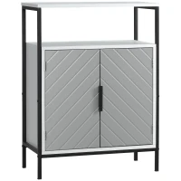 HOMCOM Storage Cabinet with Open Shelf and Double Door Cupboard, Accent Cabinet with Herringbone Panel and Steel Frame, Gray(m-11)