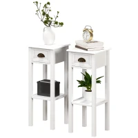 HOMCOM 2-Tier Side Tables Set of 2 with Drawer and Shelf, 2 Pieces End Tables for Living Room and Hallway, White(m-1)
