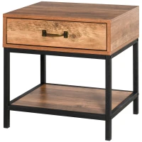 HOMCOM Industrial Bedside Table with Drawer, Nightstand with Storage Shelf, Sofa End Table for Bedroom, Teak(m-11)