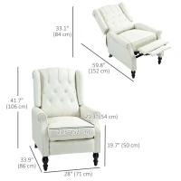 HOMCOM Wingback Reclining Chair with Footrest, Button Tufted Recliner Chair with Rolled Armrests for Living Room, Cream White(m-3)