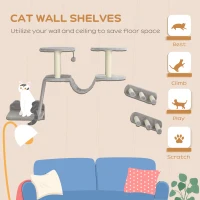 PawHut 3PCs Cat Wall Shelves w/ Scratching Post, Perches, Steps, Ladder, Light Grey(m-4)