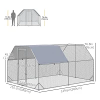 PawHut Chicken Run, Galvanized Large Metal Chicken Coop Cage, Walk-in Enclosure Poultry Hen Run House Playpen Rabbit Hutch with Flat Roof, Cover, 9.2' x 12.5' x 6.5', Silver(m-3)