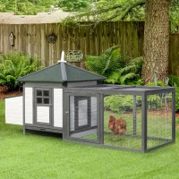 PawHut 77" Wooden Chicken Coop with Nesting Box, Cute Outdoor Hen House with Removable Tray, Ramp Run, for Garden Backyard, Gray(m-10)