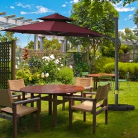 Outsunny 11ft Cantilever Patio Umbrella with Base, Double Top Hanging Aluminum Offset Umbrella with 360° Rotation, Easy Tilt, 8 Ribs, Crank, Cross Base for Backyard, Wine Red(m-10)