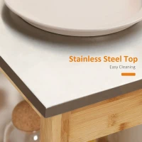 HOMCOM Bamboo Kitchen Cart, Kitchen Island with Stainless Steel Top, Drawer and Slatted Shelves for Dining Room, Natural(m-6)