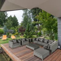 Outsunny Patio Furniture Set, 9 Piece Outdoor Sectional Sofa, All-Weather PE Rattan Wicker Conversation Set with Chairs, Ottoman, Loveseat, Coffee and Side Table, Cushions, Gray(m-10)