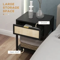 HOMCOM Boho Nightstand, Bedside Table with Rattan Drawer and Open Shelf, Side End Table for Bedroom, Living Room, Black(m-5)