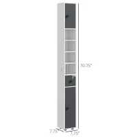 kleankin 71" Small Bathroom Storage Cabinet, Narrow Toilet Paper Cabinet with Open Shelves, 2 Cabinets, Adjustable Shelves, Gray(m-3)