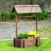 Outsunny Wooden Wishing Well Garden Bed, Rustic Outdoor Flower Planter Patio Ornamental for Plants, Herb, Vegetables, Rustic Brown(m-8)