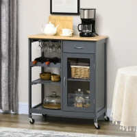 HOMCOM Rolling Kitchen Island with Storage, Kitchen Cart with 4-bottle Wine Rack, Bar Cart with Stemware Holder, Shelves, Drawer and Cabinet, Gray(m-10)