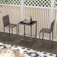 Outsunny 3 Piece Patio Bar Set Wicker Rattan Garden Bistro Set Barstool and Table for Patio Backyard Balcony Poolside, Grey(m-8)