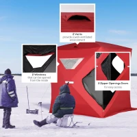 Outsunny 2-4 People Ice Fishing Shelter, Pop-Up Portable Ice Fishing Tent with Carry Bag, Two Doors, Windows and Vents, Ice Shanty for Winter Fishing, Red(m-7)