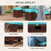 Outsunny 2 PCS Patio Wicker Ottoman Set, Square Outdoor PE Rattan Footrest with Removable Cushion for Backyard, Sky Blue(m-6)