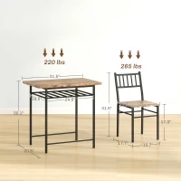 HOMCOM 3-Piece Small Dining Table Set for 2, Kitchen Table and Chairs with Storage Rack and Steel Frame, Brown(m-3)