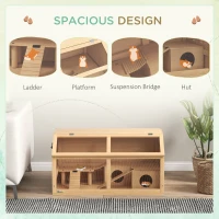 PawHut Rat Cage, Hamster Cage Wooden with Suspension Bridge, Ladders, Openable Top, Hut, Platform, for Gerbils Mice(m-4)