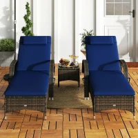 Outsunny Patio Wicker Chaise Lounge Chair Set of 2 with Table, Adjustable Backrest, Wheels, Cushion & Headrest, Dark Blue(m-9)