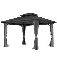 Outsunny 10' x 12' Hardtop Gazebo, Sun Shelter with Double Tier Metal Roof, Mosquito Netting, and Hanging Hook, Light Grey(m-2)