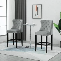 HOMCOM Upholstered Fabric Bar Stool Set of 2, Button Tufted 29.5" Seat Height Pub Chairs with Back & Wood Legs, Grey(m-8)