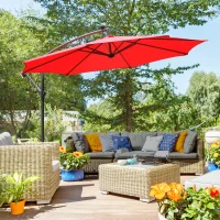 Outsunny 10ft Cantilever Solar Hanging Offset Umbrella Outdoor LED Lights Aluminum Market Banana Parasol Crank w/ Cross Base Garden Sun Shelter Red(m-7)