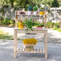Outsunny Outdoor Potting Bench with Sliding Tabletop, Storage Shelf and Dry Sink, 2-Level Gardening Table, Wooden Workstation for Greenhouse, Garden, Patio, Natural(m-8)
