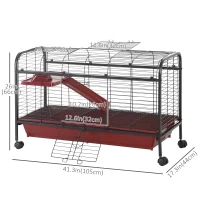 PawHut 42”Metal Wire Small Animal Pet Cage with EasyWheels for Portability & Spacious Multi-Level Design, Red and Black(m-3)