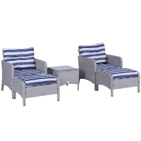 Outsunny 5 Pieces Wicker Patio Furniture Sofa Set Thick Padded Cushions, Outdoor PE Rattan Conversation Coffee Set with Armchairs, Footstools and Glass Top Table, Blue and White(m-11)