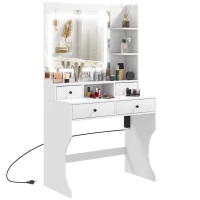 HOMCOM Dressing Table with Lighted Mirror, Vanity Table with Charging Station, USB Ports, Drawers, Storage Shelves, White(m-2)