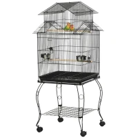 PawHut 53.9'' Large Rolling Steel Bird Cage Bird House with Detachable Rolling Stand, Storage Shelf, Wood Perch, Food Container, Black(m-11)
