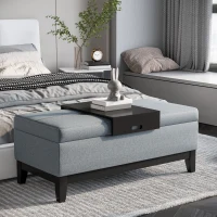 HOMCOM 42" Rectangular Storage Ottoman Bench, Linen Fabric Coffee Table Ottoman with Removable Tray for Living Room, Entryway, or Bedroom, Gray(m-2)