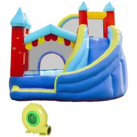 Outsunny 4 in 1 Inflatable Bounce House with Slide, Climbing Wall, and Pool or Ball Pit, Jumping Castle, Four Fun Activities, Water Bounce House for Kids(m-11)