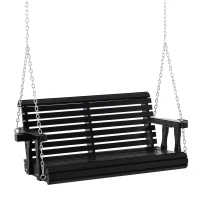 Outsunny 2 Seater Porch Swing Wooden Patio Swing Chair Seat with Cup Holder and Chains Outdoor Swing Bench for Garden Yard, Black(m-2)