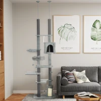 PawHut 89"-100" Floor to Ceiling Cat Tree for Indoor Cats, Activity Center with Cat Perch & Condo, Gray(m-10)