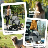 PawHut 2 in 1 Foldable Dog Stroller with Suspension, Detachable Carriage, Adjustable Canopy, Safety Leashes and Storage Basket, Grey(m-5)