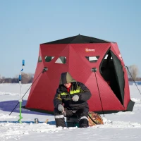 Outsunny 4 Person Insulated Ice Fishing Shelter, 360-Degree View, Pop-Up Portable Ice Fishing Tent with Carry Bag, Two Doors and Anchors for Low-Temp -22℉, Red(m-2)