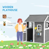 Outsunny Outdoor Wooden Playhouse for Kids with Floor, Door, Windows, Planter Box for 3-8 Years Old, Backyard, Lawn, Garden(m-4)