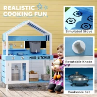 Qaba Wooden Mud Kitchen for Kids Outdoor with Sink, Faucet, Water Tank, Storage Shelves, Accessories for Boys and Girls, Blue(m-4)