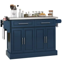 HOMCOM Rolling Kitchen Island with Stainless Steel Top, 2 Drawers, Spice, Knife and Towel Rack and Cabinets, Navy Blue(m-11)