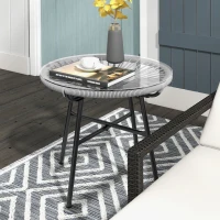 Outsunny Rattan Side Table, Round Outdoor Table, with Round PE Rattan and Tempered Glass Table Top for Patio, Garden, Grey(m-1)