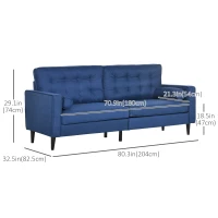 HOMCOM Mid-Century Sofa, Couch with Button-Tufted Back Cushion, Velvet Feel Fabric Upholstery, 2 Cylindrical Pillows and Rubber Wood Legs for Living Room, Dark Blue(m-3)