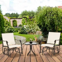 Outsunny 3 Piece Patio Glider Set Outdoor Gliders with Breathable Mesh Seat, Glass Top Table for Garden, Yard, Cream White(m-8)