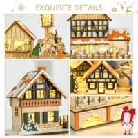 HOMCOM Christmas Advent Calendar, Light Up Table Xmas Wooden Store Holiday Decoration with Countdown Drawer, Village, for Kids and Adults, Natural(m-6)
