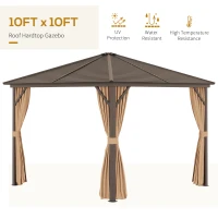 Outsunny 10' x 10' Hardtop Gazebo with Curtains and Netting, Permanent Pavilion Metal Single Roof Gazebo Canopy with Aluminum Frame and Hooks, for Garden, Patio, Backyard, Light Brown(m-7)