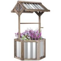 Outsunny Wooden Wishing Well Planter, Raised Garden Bed with Galvanized Canopy, Hexagon Raised Flower Bed for Garden, Light Gray
