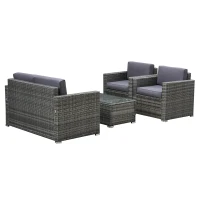 Outsunny 4 Piece Wicker Patio Furniture Set with Cushions, Outdoor Sectional Furniture with 2 Sofa, Loveseat, and Glass Top Coffee Table, Conversation Sofa Sets for Garden, Gray(m-11)