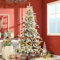 HOMCOM 7.5' Pre Lit Artificial Flocked Christmas Trees, with Snow Branches, Warm White LED Lights, Auto Open, Pine Cones(m-10)