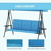 Outsunny 3-Seat Outdoor Porch Swing Patio Swing with Adjustable Canopy, Side Tray, Removable Cushion for Garden, Poolside, Blue(m-6)