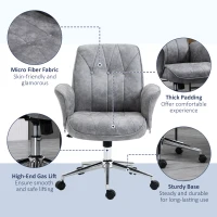 Vinsetto Microfiber Home Office Chair, Height Adjustable Button Tufted Computer Desk Chair with Swivel Wheels, Tilt Function and Padded Armrests, Light Gray(m-7)
