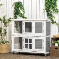 PawHut 2 Tier Wooden Rabbit Hutch with Wheels, Waterproof Roof, Removable Tray for Outdoor & Indoor, Dark Grey(m-1)